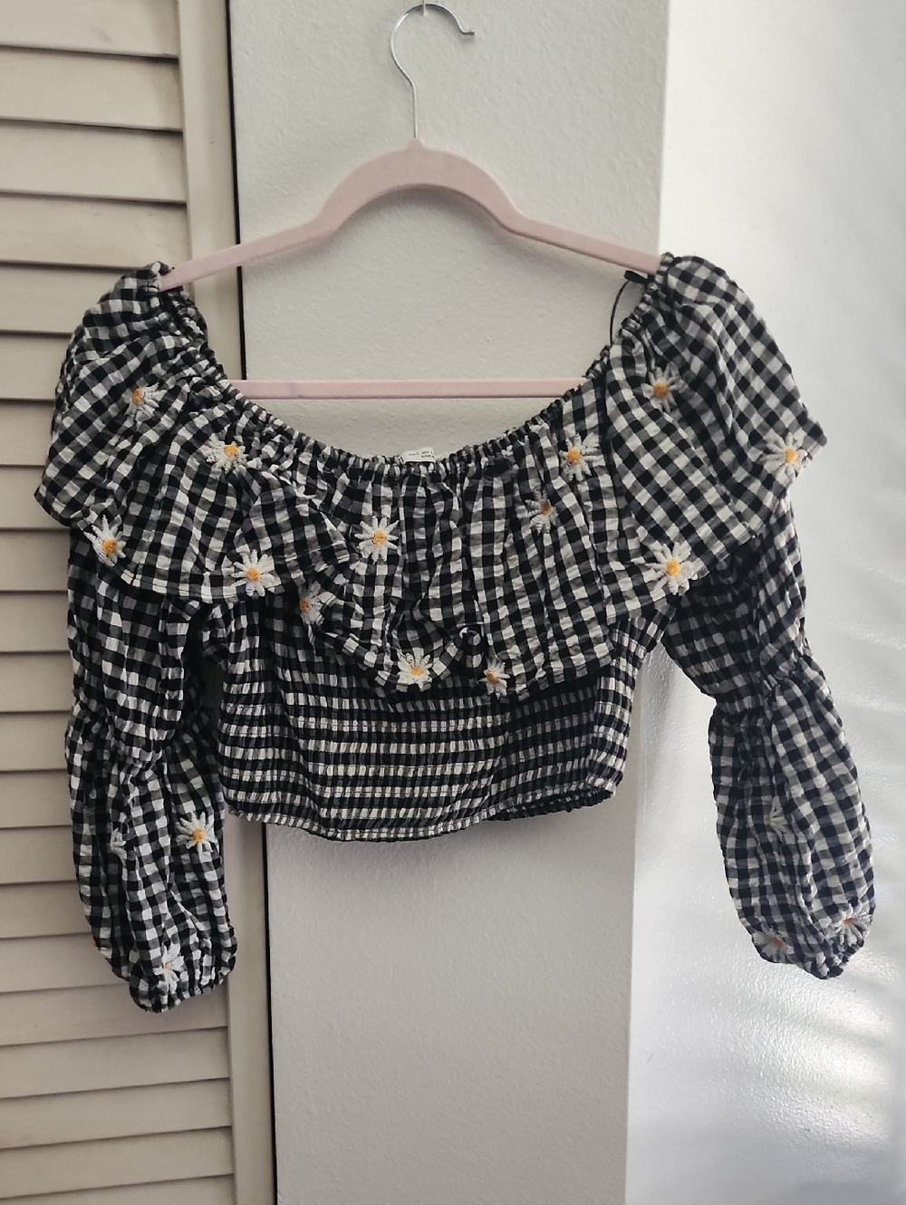 Zara Black & White Gingham Off-Shoulder Crop Top with Daisy Embroidery